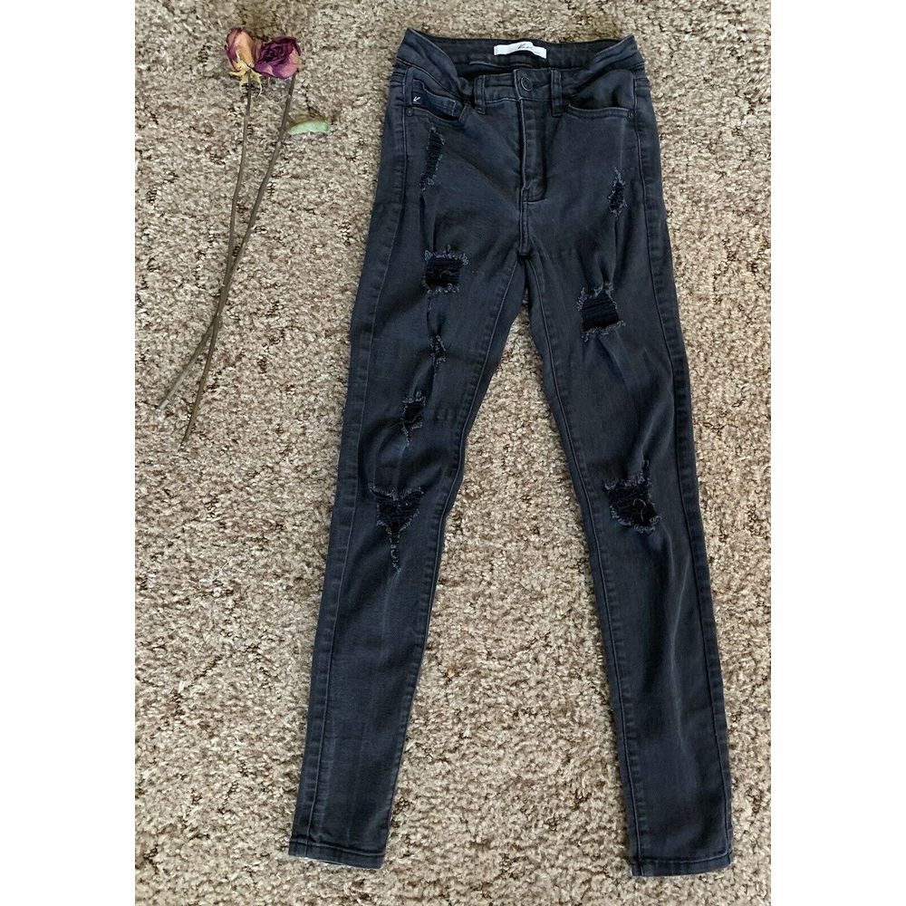 KanCan Jeans Womens Size 1 / 24 Estilo Black Denim Distressed Ripped Skinny‎